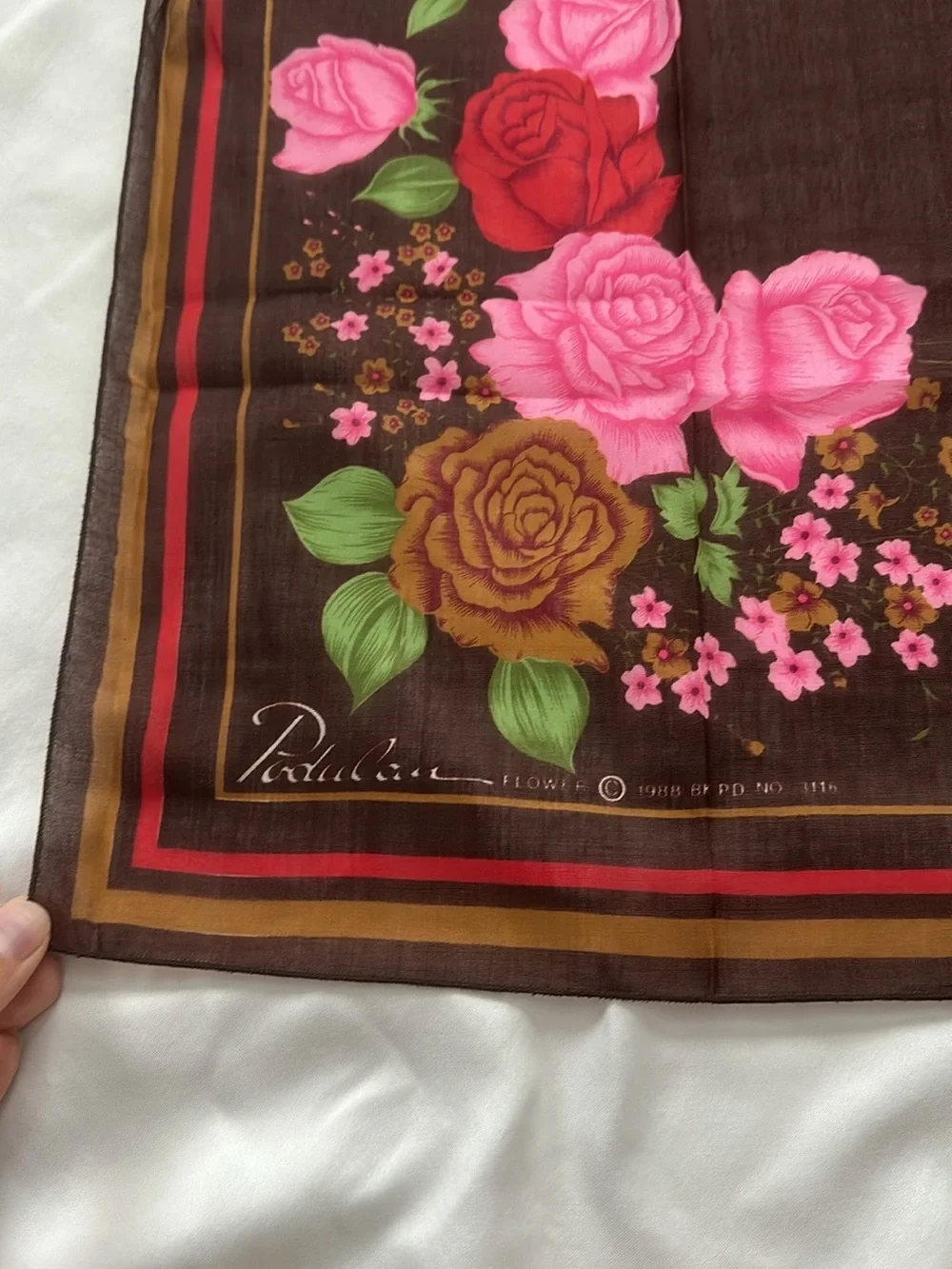 Vintage Floral Scarf Brown with Pink & Red Roses